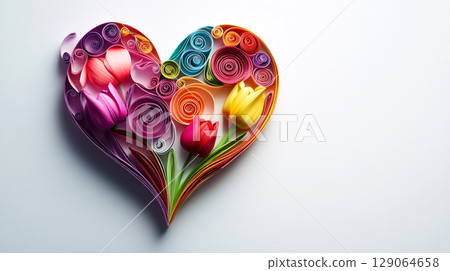 A stunning paper quilling artwork forms a heart shape, filled with colorful, intricately rolled paper flowers and leaves. A stunning paper quilling artwork forms a heart shape, filled with colorful, intricately rolled paper flowers and leaves. 129064658
