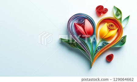A stunning paper quilling artwork forms a heart shape, filled with colorful, intricately rolled paper flowers and leaves. 129064662