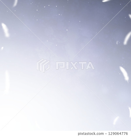 Square background, hand-drawn material, white feathers and particles dancing in a cold space, abstract background illustration 129064776