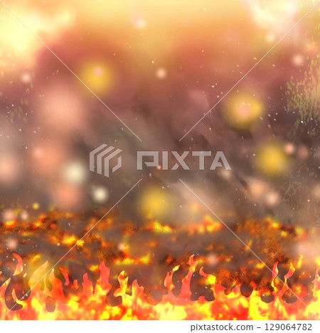 Square background, hand-drawn material, blazing red flames and sparks in space, abstract background illustration 129064782