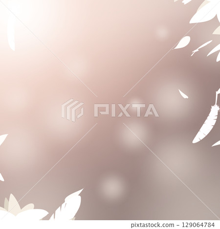 Square background, hand-drawn material, a gentle light atmosphere surrounded by white feathers and petals, abstract background illustration 129064784