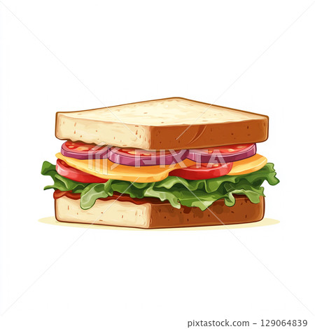 A savory cartoon sandwich with two slices of bread, ham, cheese, and lettuce, depicted against a clean white background. 129064839