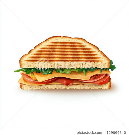 A savory cartoon sandwich with two slices of bread, ham, cheese, and lettuce, depicted against a clean white background. 129064840
