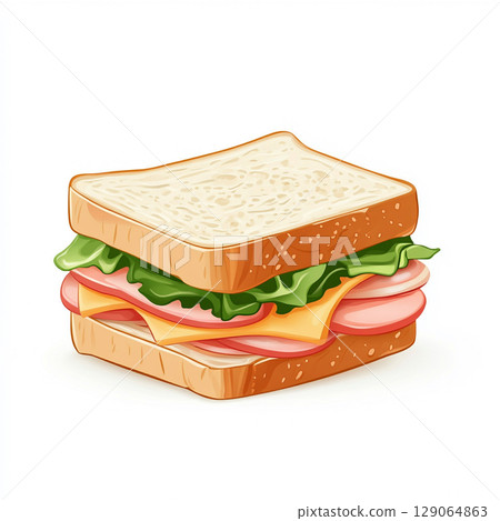 A savory cartoon sandwich with two slices of bread, ham, cheese, and lettuce, depicted against a clean white background. A savory cartoon sandwich with two slices of bread, ham, cheese, and lettuce, depicted against a clean white background. 129064863