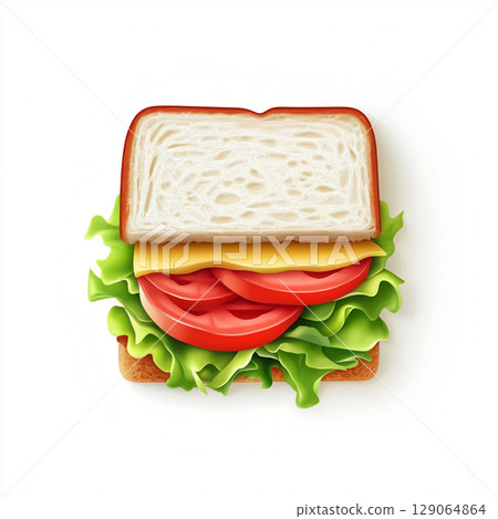 A savory cartoon sandwich with two slices of bread, ham, cheese, and lettuce, depicted against a clean white background. A savory cartoon sandwich with two slices of bread, ham, cheese, and lettuce, depicted against a clean white background. 129064864