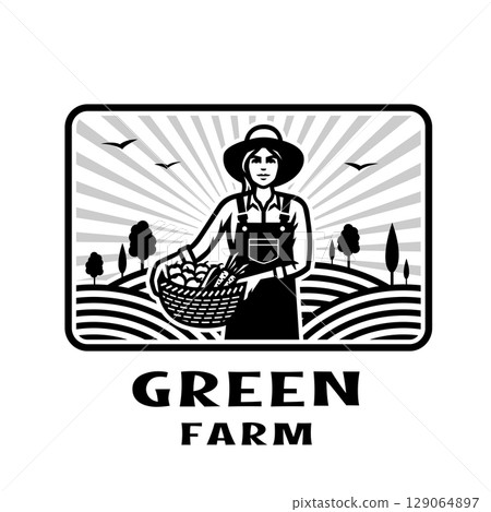 Farmer girl with a basket of vegetables. 129064897