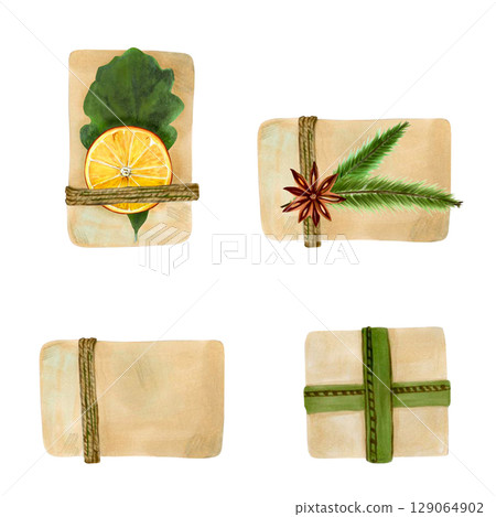 Eco-friendly gift wrapping watercolor set with dried orange, fir, twine, and star anise. Hand-drawn festive boxes in earthy colors. Ideal for Christmas packaging, cards, sustainable DIY projects Eco-friendly gift wrapping watercolor set with dried orange, fir, twine, and star anise. Hand-drawn festive boxes in earthy colors. Ideal for Christmas packaging, cards, sustainable DIY projects 129064902