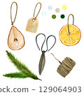Sustainable Christmas decoration watercolor set with dried pear, orange slices, scissors, twine, tags. Hand-drawn festive materials. For eco-friendly packaging, DIY gifts, natural holiday decor Sustainable Christmas decoration watercolor set with dried pear, orange slices, scissors, twine, tags. Hand-drawn festive materials. For eco-friendly packaging, DIY gifts, natural holiday decor 129064903