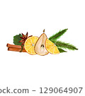 Hand painted watercolor Christmas illustration with dried pear, orange slice, fir branch, oak leaf, anise and cinnamon. Hand painted festive composition of earthy toned materials with minimal details Hand painted watercolor Christmas illustration with dried pear, orange slice, fir branch, oak leaf, anise and cinnamon. Hand painted festive composition of earthy toned materials with minimal details 129064907
