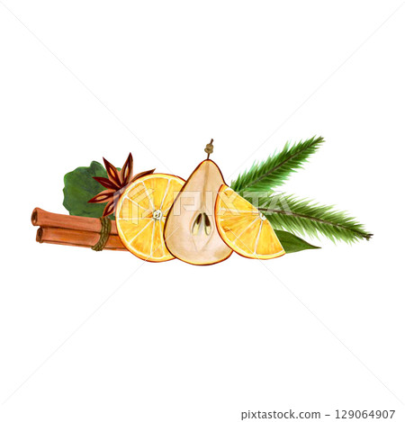 Hand painted watercolor Christmas illustration with dried pear, orange slice, fir branch, oak leaf, anise and cinnamon. Hand painted festive composition of earthy toned materials with minimal details 129064907