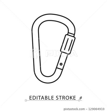 A carabiner icon in minimalist style with editable stroke. Climbing gear, mountaineering tool, outdoor equipment, extreme sport element, metal hook, secure connector, adventure concept 129064910