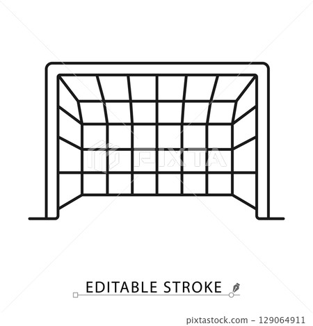 A goal net icon in minimalist style with editable stroke. Sport element, scoring structure, football goal, soccer equipment, competitive game, field object, training symbol, outline design 129064911