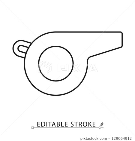 A whistle icon in minimalist style with editable stroke. Sport equipment, referee tool, sound signal, coaching object, training gear, control device, alert element, outline shape, game symbol. 129064912
