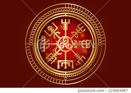 Gold Vegvisir ancient navigation compass and Triskele, hand-drawn Magic Celtic sign. The Vikings used many symbols in accordance to Norse mythology. Esoteric Wiccan Logo icon, red background 129064967