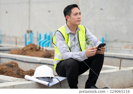 Asian engineer resting after hard work at construction site. 129065216