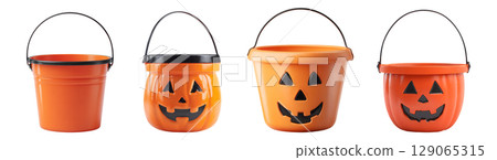 Set of empty candy buckets in orange color tone with Jack-o-lantern face for Halloween, isolated on transparent background. 129065315