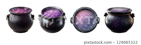 Set of cauldron with bubbling potion in purple color tone for Halloween, isolated on transparent background. 129065322