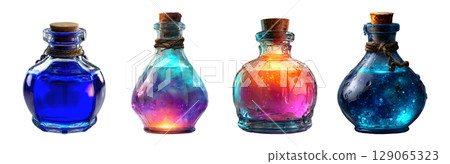 Set of glowing glass potion bottles with cork lid in blue and rainbow color tones for Halloween, isolated on transparent background. 129065323