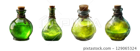Set of glowing glass potion bottles with cork lid in green color tone for Halloween, isolated on transparent background. Set of glowing glass potion bottles with cork lid in green color tone for Halloween, isolated on transparent background. 129065324