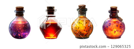 Set of glowing glass potion bottles with cork lid in red and purple color tone for Halloween, isolated on transparent background. 129065325