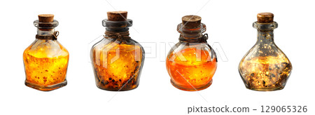 Set of glowing glass potion bottles with cork lid in yellow and orange color tone for Halloween, isolated on transparent background. 129065326
