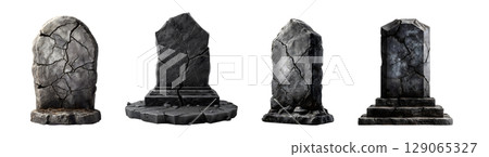 Set of stone grave with crack, front view, for Halloween, isolated on transparent background. 129065327