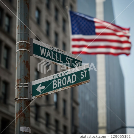 Wall Street Sign with American Flag - AI generated image Wall Street Sign with American Flag - AI generated image 129065391