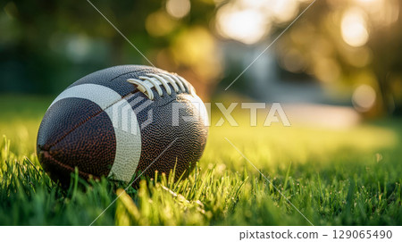 Close up of classic black and white soccer ball lying on lush green grass with soft morning sun and blurred background 129065490