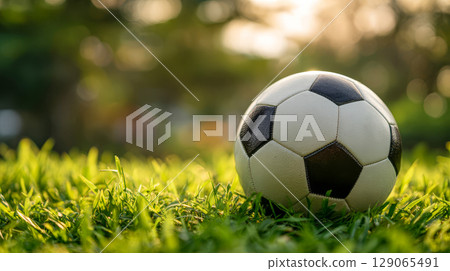 Classic black and white soccer ball lies on green grass under the sun rays 129065491