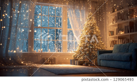 Cozy Christmas living room with decorated tree, glowing garlands, soft snow falling outside the window 129065493