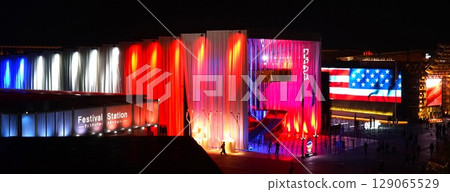 Night view of the French Pavilion at Expo America 129065529