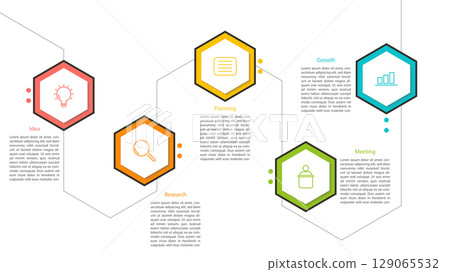 Clean and modern 5 step business process infographic with hexagonal icons. Ideal for strategy, startup concepts, growth plans, and project workflows. 129065532