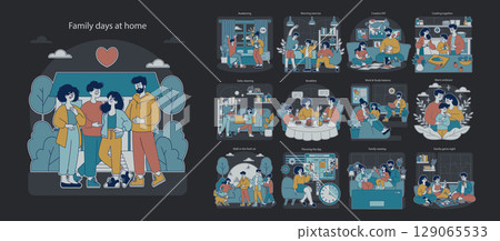 Family days at home set. Illustration of family engaging in daily activities from morning workouts to cooking and relaxing together. Showcases routine and bonding moments. Vector illustration. 129065533