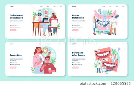Vector illustration set showing orthodontic care steps, including consultation, braces installation, care tips, and before-after views. Illustrations depict people engaged in dental care. 129065535