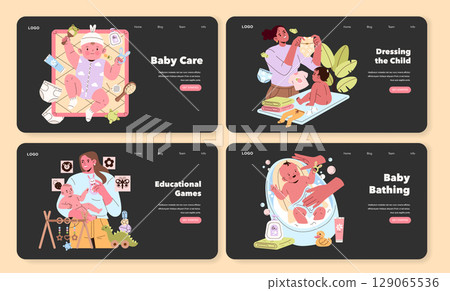 Vector illustration set depicting baby care activities, including dressing, bathing, and educational games. Emphasizes nurturing, hygiene, and playful learning for infants and toddlers. Vector illustration set depicting baby care activities, including dressing, bathing, and educational games. Emphasizes nurturing, hygiene, and playful learning for infants and toddlers. 129065536