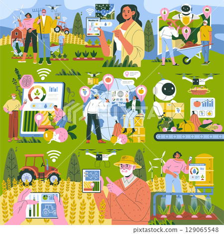 Vector illustration showing people using AI and drones in modern farming. Individuals analyze data on tablets, monitor crops, and manage agricultural technology for efficient farming. 129065548