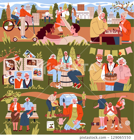 Seniors enjoy diverse activities in a park setting, from biking and chess to gardening and birthday celebrations. This vector illustration highlights community and active lifestyle. Seniors enjoy diverse activities in a park setting, from biking and chess to gardening and birthday celebrations. This vector illustration highlights community and active lifestyle. 129065550