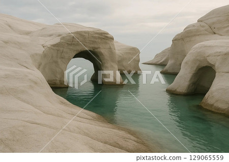Serene coastal landscape with pale limestone arches over turquoise water 129065559