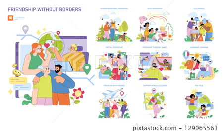 Vector illustration pack portraying diverse friendships across cultures and ages. Includes scenes of virtual friendship, travel, language learning, and more, emphasizing global connection. 129065561