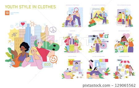 Vector illustration pack displaying various youth fashion trends, including streetwear, sustainable clothing, tech-integrated fashion, and DIY customization. Diverse characters and creative designs 129065562