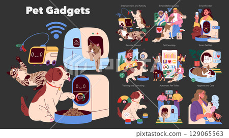 Innovative pet gadgets enhance the lives of pets and their owners. This illustration showcases smart devices for feeding, walking, exercising, and monitoring pet health, promoting convenience and care 129065563