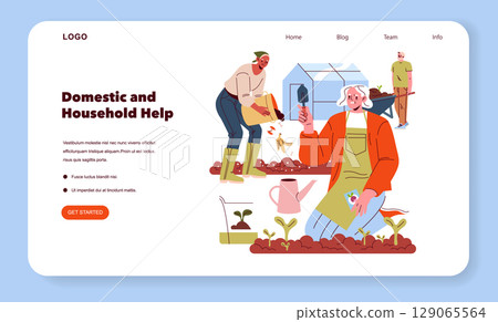 Vector illustration of a domestic help service webpage. Features people gardening with tools and plants. Encourages viewers to get started with household help options. 129065564
