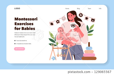 Vector illustration of a caregiver engaging a baby in Montessori exercises. The scene highlights interactive play with educational toys and materials, promoting early learning and development. Vector illustration of a caregiver engaging a baby in Montessori exercises. The scene highlights interactive play with educational toys and materials, promoting early learning and development. 129065567