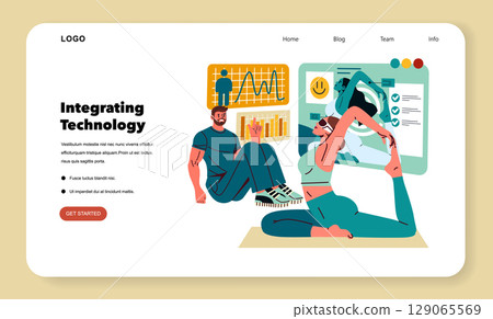 Personal Trainer concept. Fitness instructor guiding woman in yoga pose with digital performance tracking, charts and workout analytics, promoting modern exercise routines and expert support. Vector 129065569