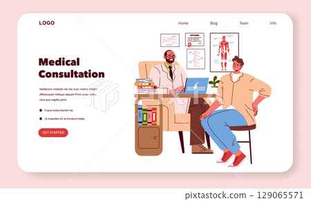 Vector illustration showcasing a medical consultation scene with a doctor and a patient. The doctor is seated at a desk with medical charts and a laptop, discussing health matters. 129065571