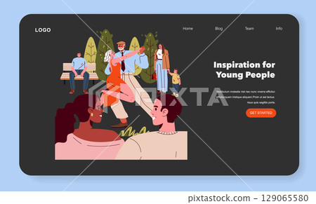 Vector illustration of a diverse group in a park, with people dancing energetically. Others watch with interest and joy. Ideal for themes of community, outdoor activities, and creativity. 129065580