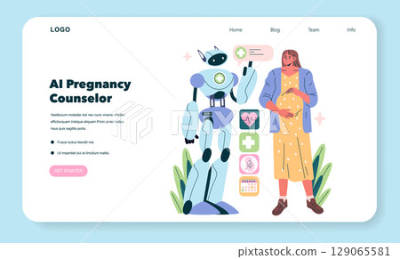 AI Pregnancy Counselor combines technology with maternal support. It illustrates a robot providing guidance to an expectant mother, promoting health, wellness, and informed decisions during pregnancy AI Pregnancy Counselor combines technology with maternal support. It illustrates a robot providing guidance to an expectant mother, promoting health, wellness, and informed decisions during pregnancy 129065581