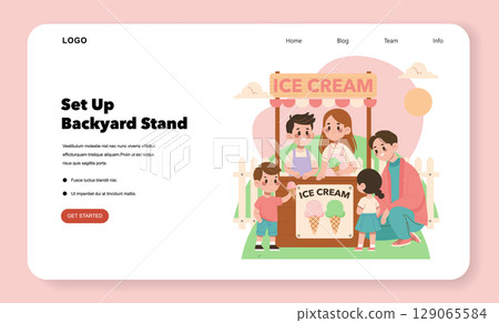 Vector illustration of children happily buying ice cream from a backyard stand. A friendly group interaction with ice cream cones, set against a playful and colorful backdrop. 129065584