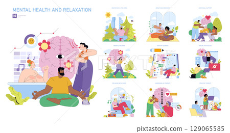 Vector illustration depicting various mental health and relaxation activities, including meditation, breathing exercises, and emotional support. Features diverse methods for mental well-being. 129065585