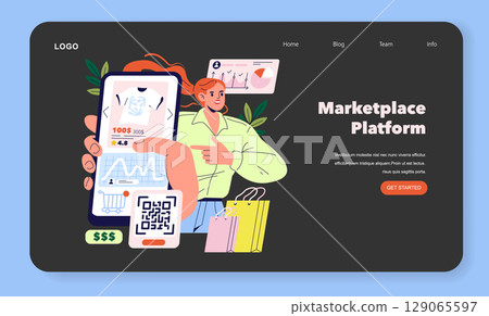 Digital illustration showcasing a person using a smartphone to shop on a marketplace platform. Features shopping bags, QR code, graphs, and product information highlighting online retail dynamics. Digital illustration showcasing a person using a smartphone to shop on a marketplace platform. Features shopping bags, QR code, graphs, and product information highlighting online retail dynamics. 129065597